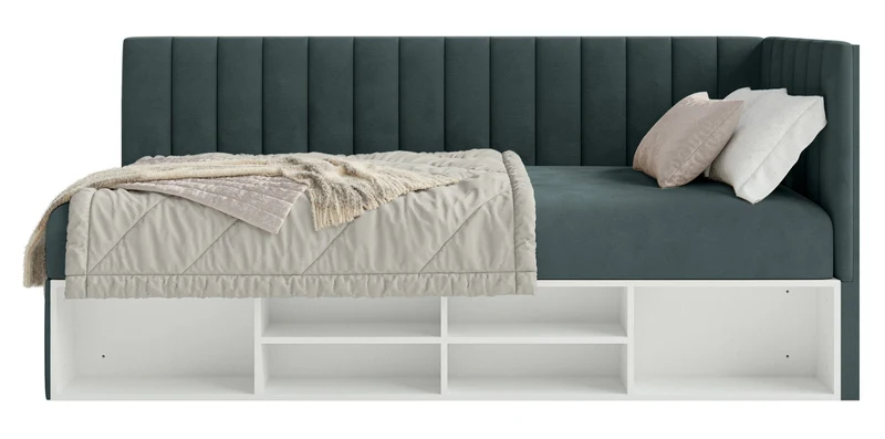 Jugendbett 90x200 cm Ventrio rechtsseitig mit Stauraum und Regalen, blau-grauer Velours, wasserabweisend und pflegeleicht
