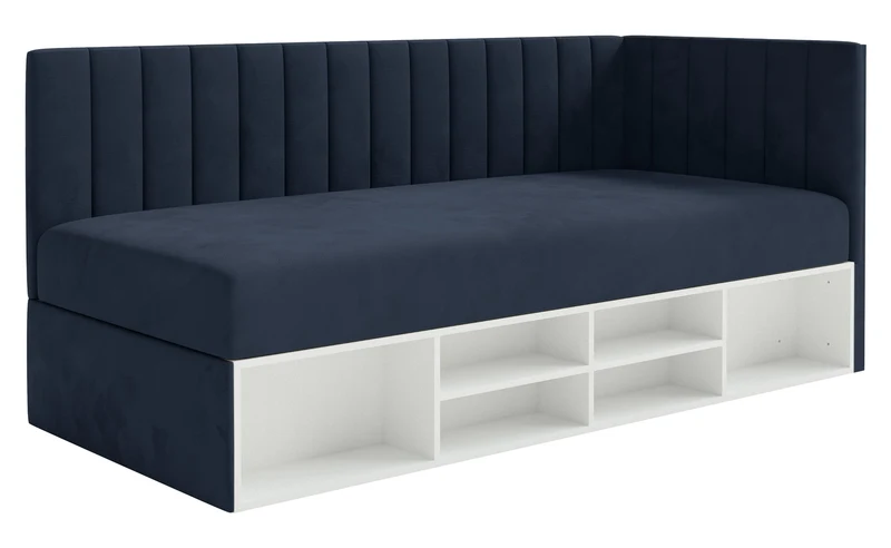 Jugendbett 90x200 cm Ventrio rechtsseitig mit Stauraum und Regalen, marineblauer Velours, hydrophob und pflegeleicht