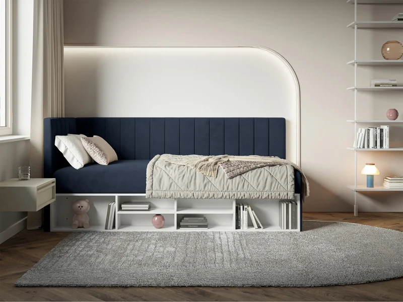 Jugendbett 90x200 cm Ventrio linksseitig mit Stauraum und Regalen, marineblauer Velours, wasserabweisend und pflegeleicht
