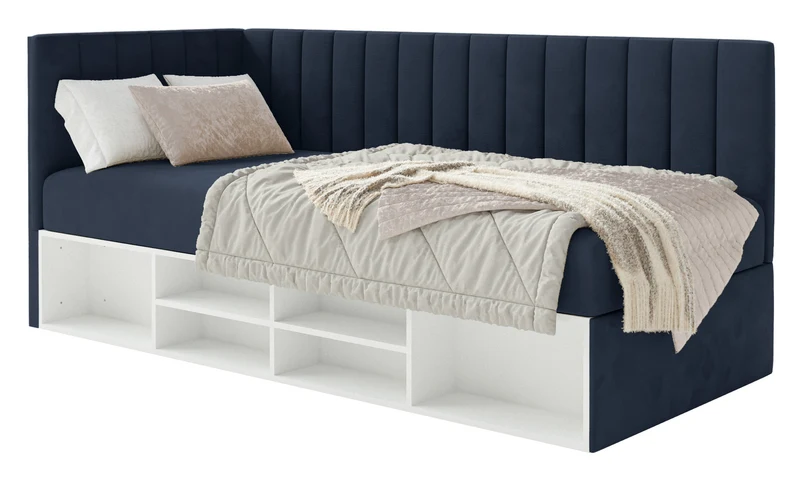 Jugendbett 90x200 cm Ventrio linksseitig mit Stauraum und Regalen, marineblauer Velours, wasserabweisend und pflegeleicht