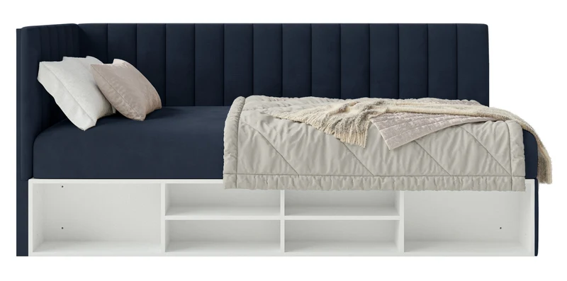 Jugendbett 90x200 cm Ventrio linksseitig mit Stauraum und Regalen, marineblauer Velours, wasserabweisend und pflegeleicht