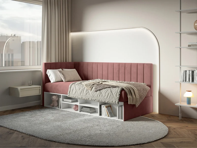 Jugendbett 90x200 cm Ventrio linksseitig mit Stauraum und Regalen, rosa Velours, wasserabweisend und pflegeleicht