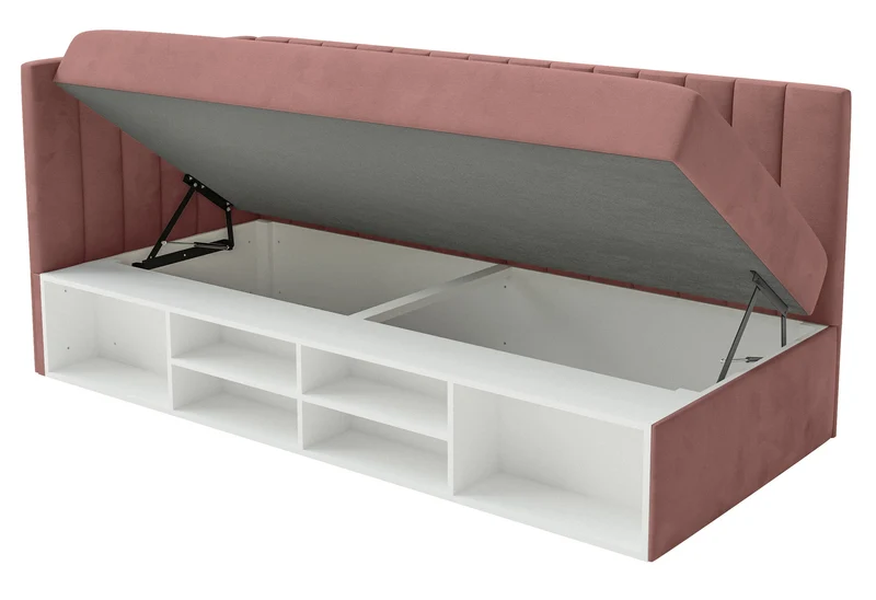 Jugendbett 90x200 cm Ventrio linksseitig mit Stauraum und Regalen, rosa Velours, wasserabweisend und pflegeleicht
