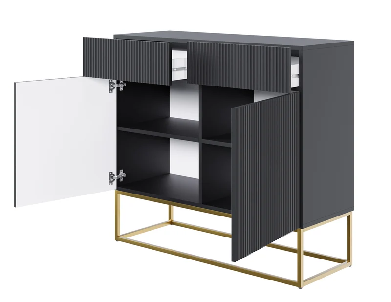 Zweiturige Kommode Veldio mit gefräster Front und zwei Schubladen, 100 cm, Schwarz mit goldenen Beinen