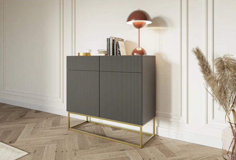 Zweiturige Kommode Veldio mit gefräster Front und zwei Schubladen, 100 cm, Schwarz mit goldenen Beinen