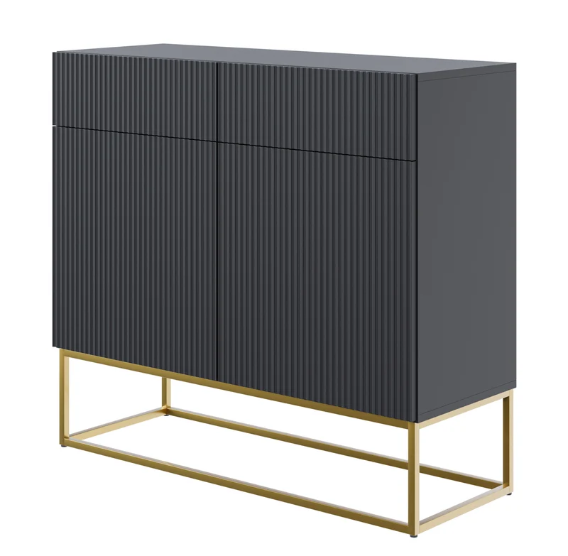 Zweiturige Kommode Veldio mit gefräster Front und zwei Schubladen, 100 cm, Schwarz mit goldenen Beinen