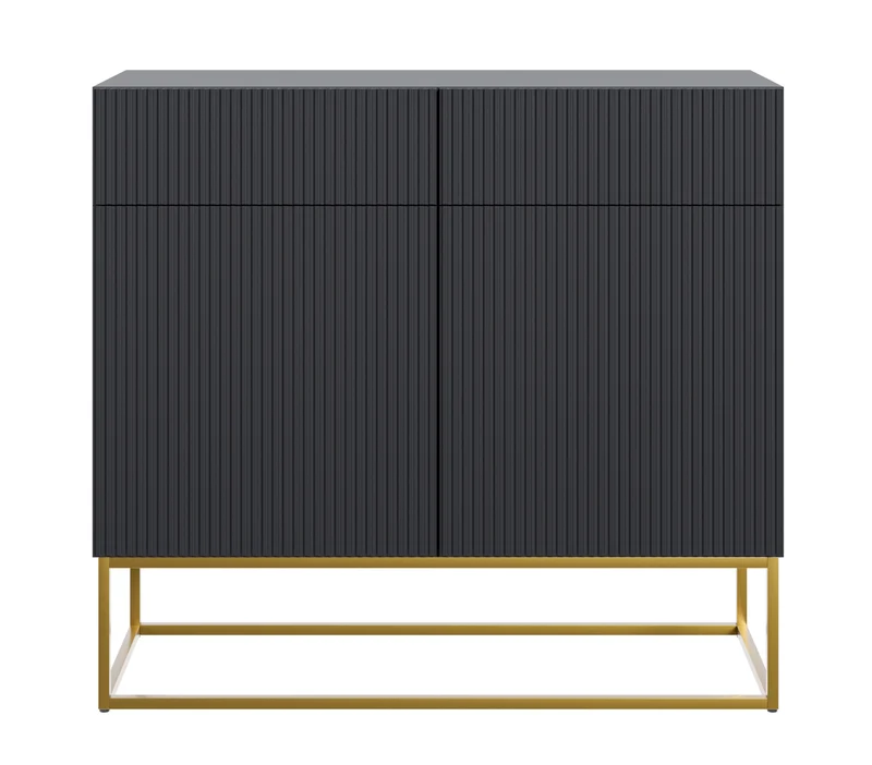 Zweiturige Kommode Veldio mit gefräster Front und zwei Schubladen, 100 cm, Schwarz mit goldenen Beinen