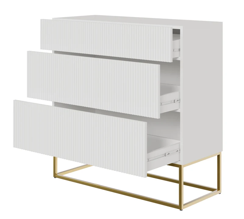 Kommode Veldio mit gefräster Front und drei Schubladen, 90 cm, Weiß mit goldenen Beinen