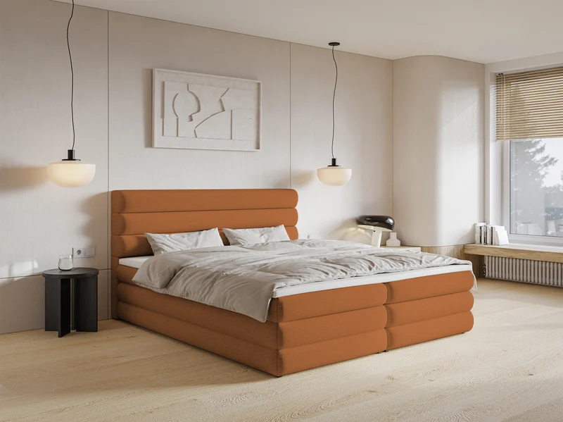 Kontinentales Bett 180x200 cm Alegre mit Topper und zwei Aufbewahrungsboxen, kupferfarbener hydrophober Chenillestoff