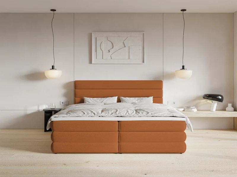 Kontinentales Bett 180x200 cm Alegre mit Topper und zwei Aufbewahrungsboxen, kupferfarbener hydrophober Chenillestoff