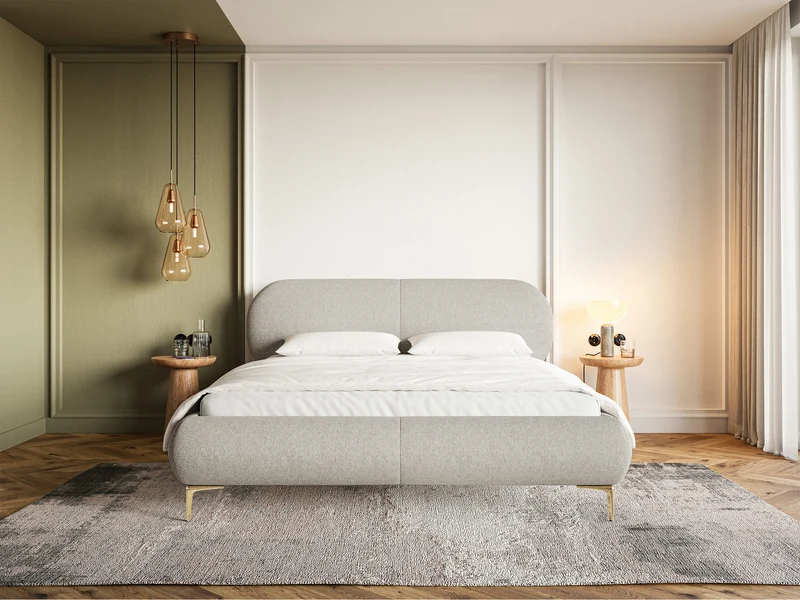 Polsterbett 180x200 cm Ovalle in grau-beige, wasserabweisendes Geflecht, goldene Beine
