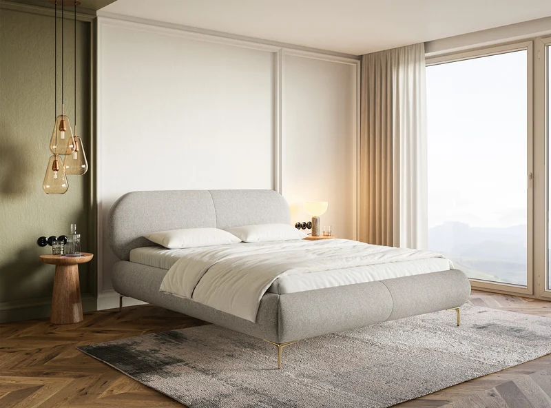 Polsterbett 180x200 cm Ovalle in grau-beige, wasserabweisendes Geflecht, goldene Beine