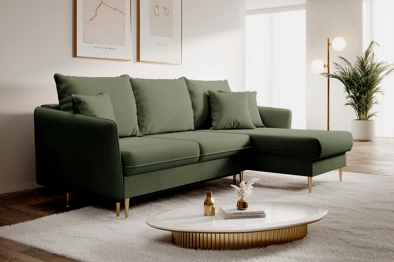 Ecksofa mit Schlaffunktion Volio, salbeigrüner wasserabweisender Samt, universell, goldene Beine