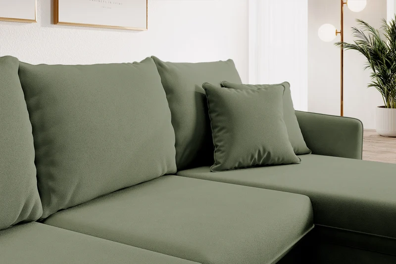 Ecksofa mit Schlaffunktion Volio, salbeigrüner wasserabweisender Samt, universell, goldene Beine