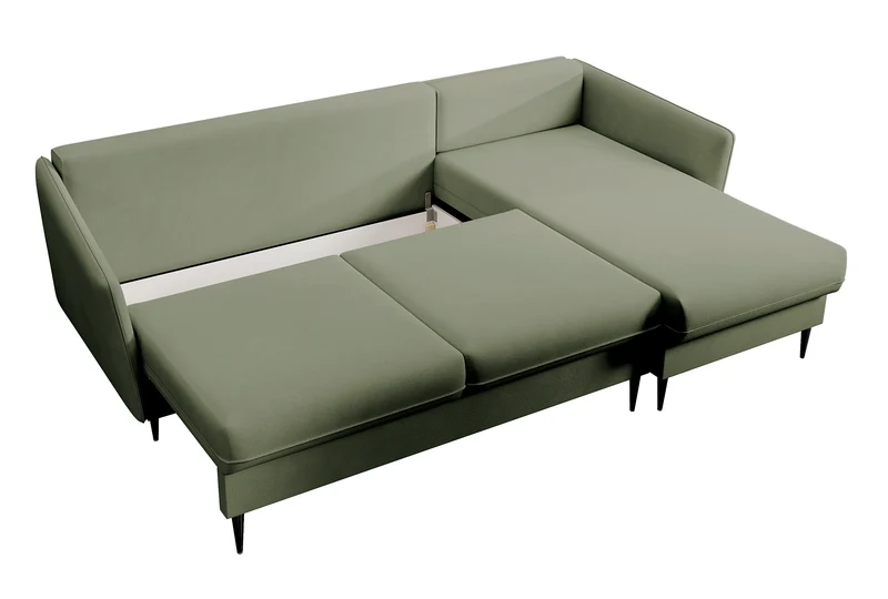 Ecksofa mit Schlaffunktion Volio, salbeigrüner, wasserabweisender Samt, universell, schwarze Beine
