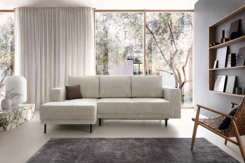 Ecksofa mit Schlaffunktion Rodario mini, L-förmig, mit Stauraum, grau-beiger Cord, linksseitig