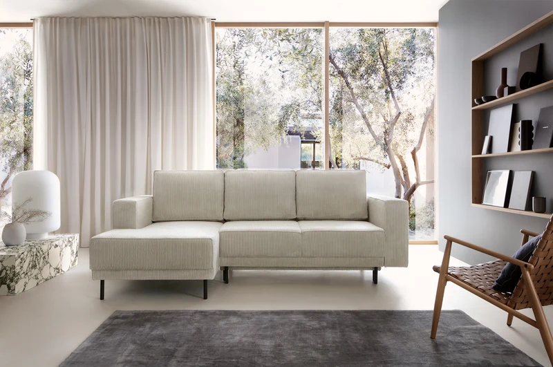 Ecksofa mit Schlaffunktion Rodario mini, L-förmig, mit Stauraum, grau-beiger Cord, linksseitig