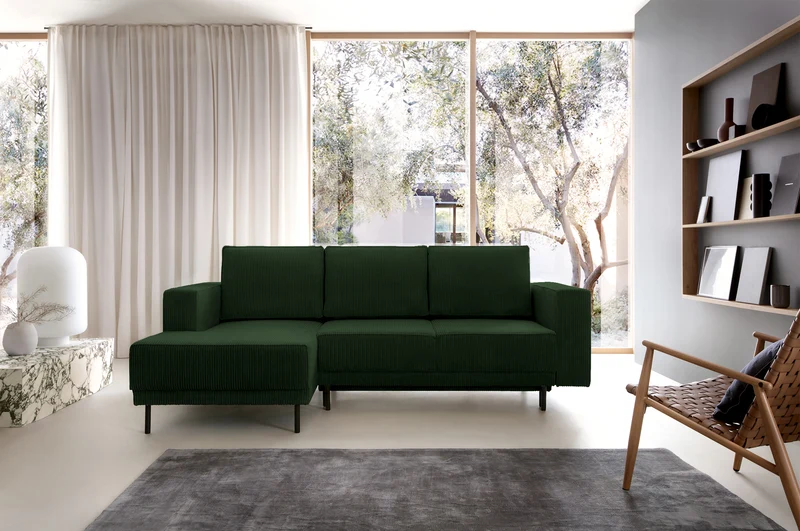 Ecksofa mit Schlaffunktion Rodario Mini, L-förmig, mit Stauraum, dunkelgrüner Cord, linksseitig