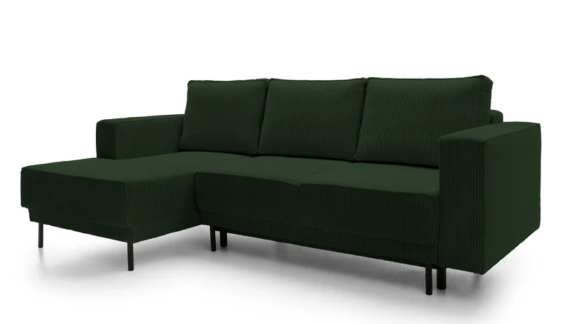 Ecksofa mit Schlaffunktion Rodario Mini, L-förmig, mit Stauraum, dunkelgrüner Cord, linksseitig