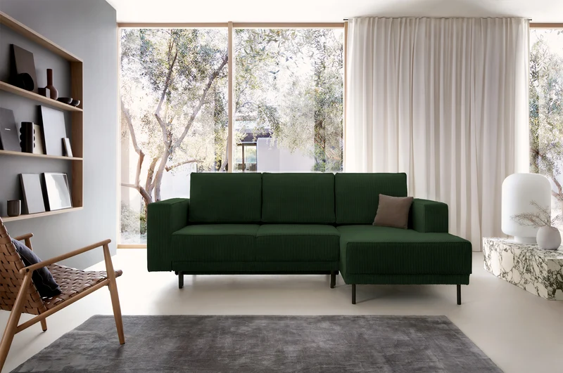 Ecksofa mit Schlaffunktion Rodario Mini, L-förmig, mit Stauraum, dunkelgrüner Cord, rechtsseitig