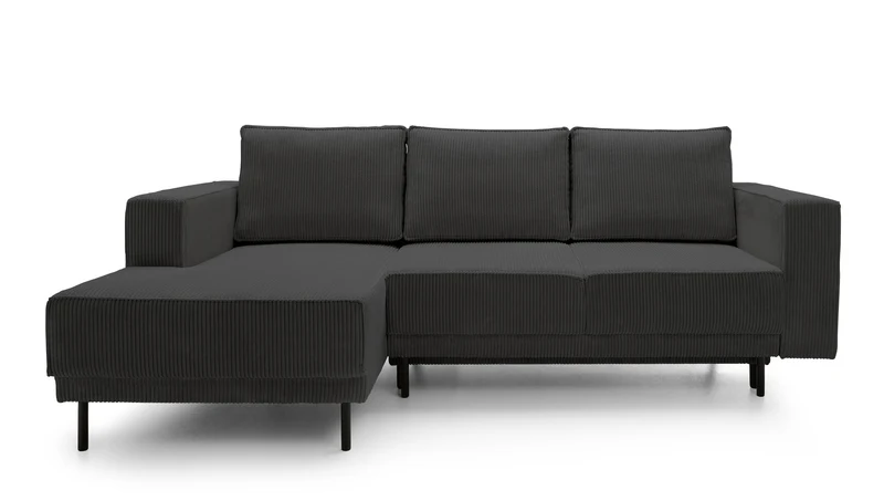 Ecksofa mit Schlafunktion Rodario Mini L-Form mit Stauraum, dunkelgrauer Cord, linksseitig