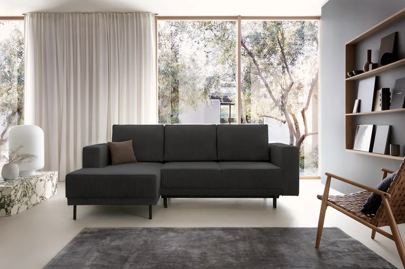 Ecksofa mit Schlafunktion Rodario Mini L-Form mit Stauraum, dunkelgrauer Cord, linksseitig