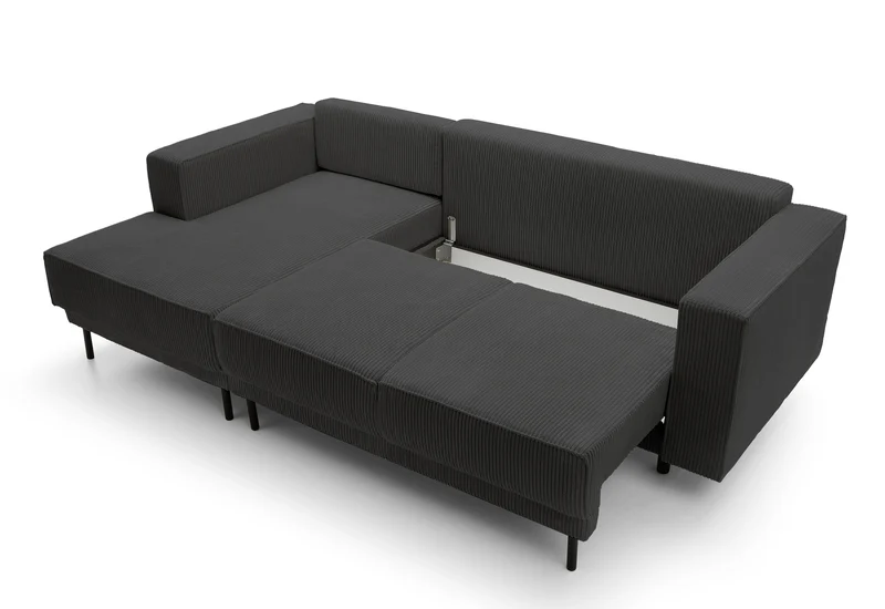 Ecksofa mit Schlafunktion Rodario Mini L-Form mit Stauraum, dunkelgrauer Cord, linksseitig