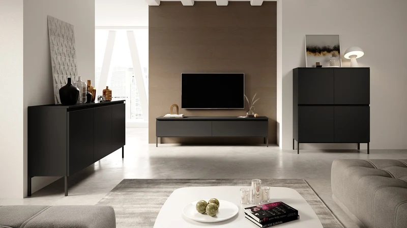 Drehtür-Kommode Bemmi 150 cm schwarz mit schwarzen Beinen