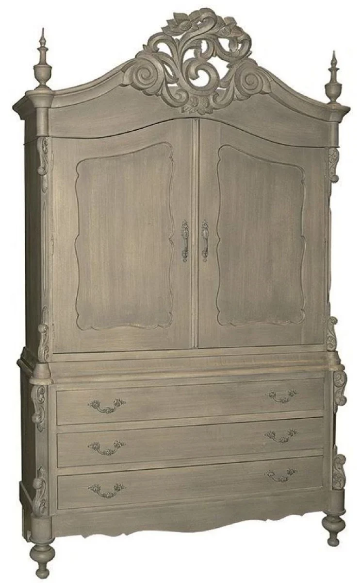 Casa Padrino Luxus Landhausstil Küchenschrank Grau 150 x 60 x H. 255 cm - Handgefertigter Massivholz Schrank mit 2 Türen und 3 Schubladen - Landhausstil Küchen Möbel - Luxus Qualität