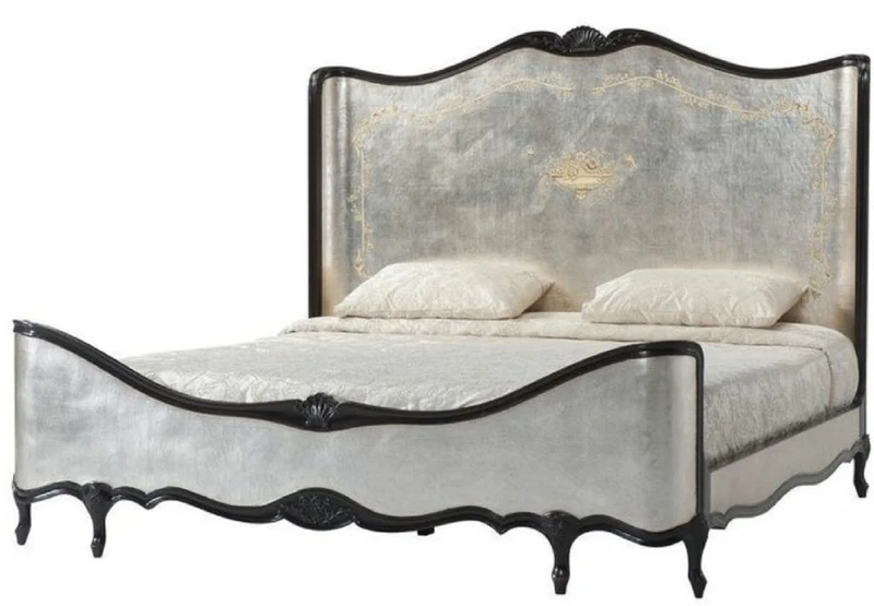 Casa Padrino Luxus Barock Doppelbett Antik Silber / Schwarz - Prunkvolles Massivholz Bett mit Kopfteil - Barock Schlafzimmer Möbel