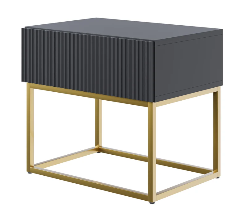 Nachttisch Veldio mit gefräster Front und Schublade 50 cm Schwarz mit goldenen Beinen