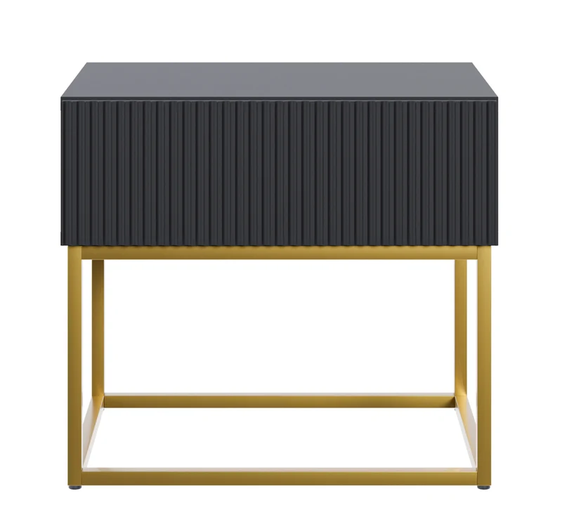 Nachttisch Veldio mit gefräster Front und Schublade 50 cm Schwarz mit goldenen Beinen
