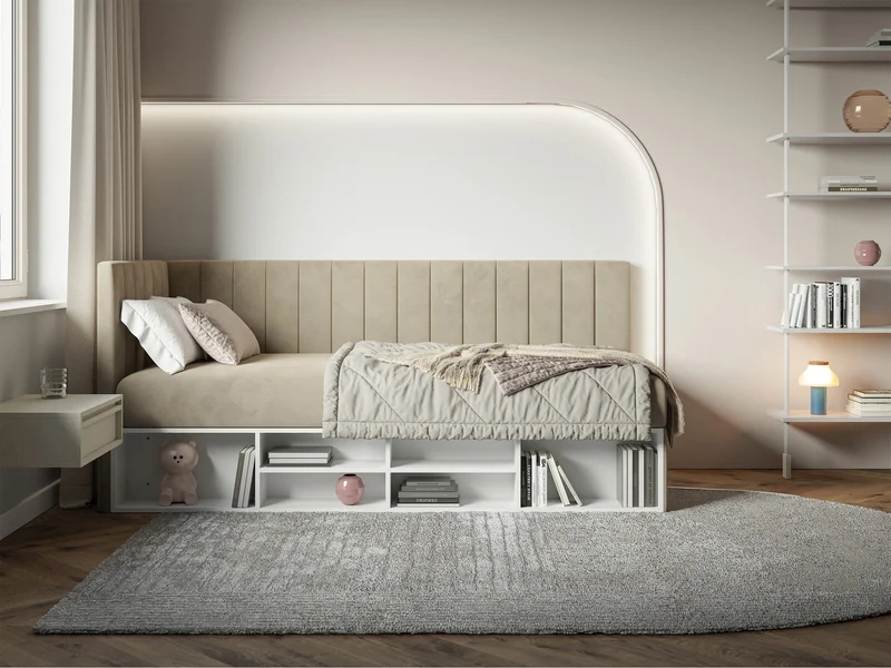 Jugendbett 90x200 cm Ventrio linksseitig mit Stauraum und Regalen, grau-beiges Velours, wasserabweisend und pflegeleicht