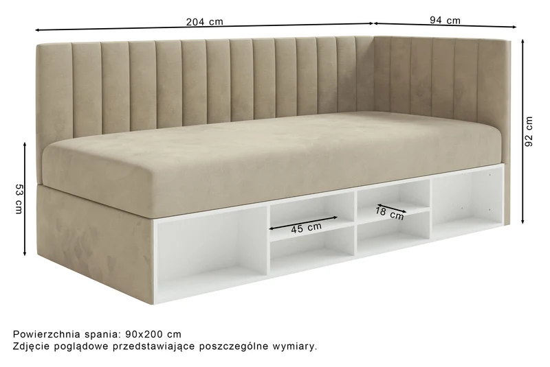 Jugendbett 90x200 cm Ventrio linksseitig mit Stauraum und Regalen, grau-beiges Velours, wasserabweisend und pflegeleicht