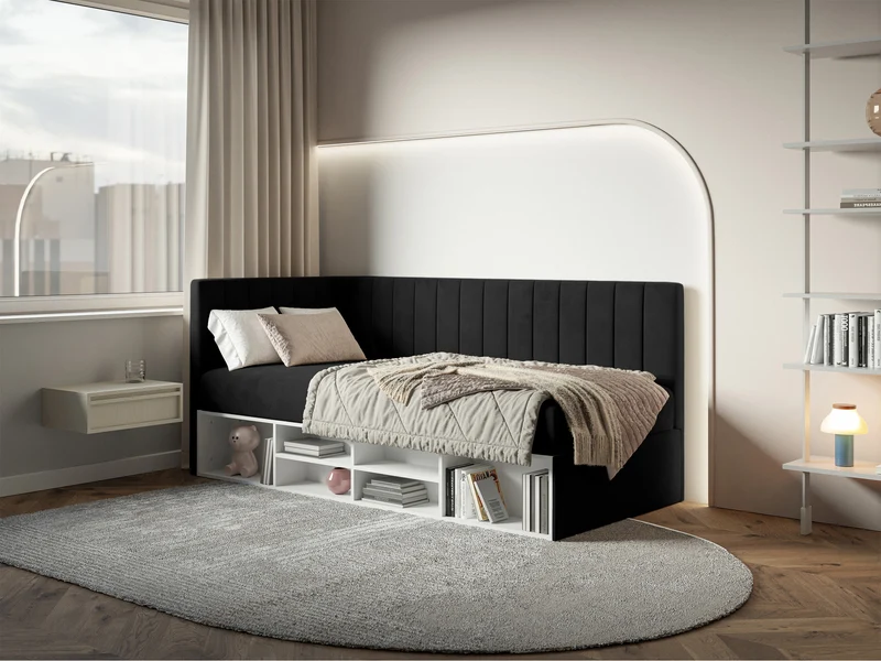 Jugendbett 90x200 cm Ventrio linksseitig mit Stauraum und Regalen, schwarzer Velours, wasserabweisend und leicht zu reinigen