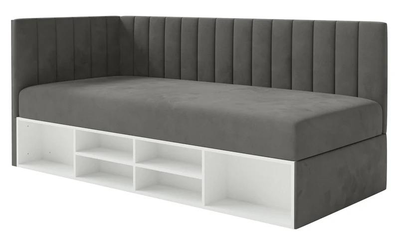 Jugendbett 90x200 cm Ventrio linksseitig mit Stauraum und Regalen, dunkelgrauer Velours, wasserabweisend und pflegeleicht