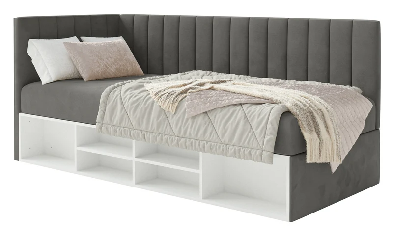 Jugendbett 90x200 cm Ventrio linksseitig mit Stauraum und Regalen, dunkelgrauer Velours, wasserabweisend und pflegeleicht