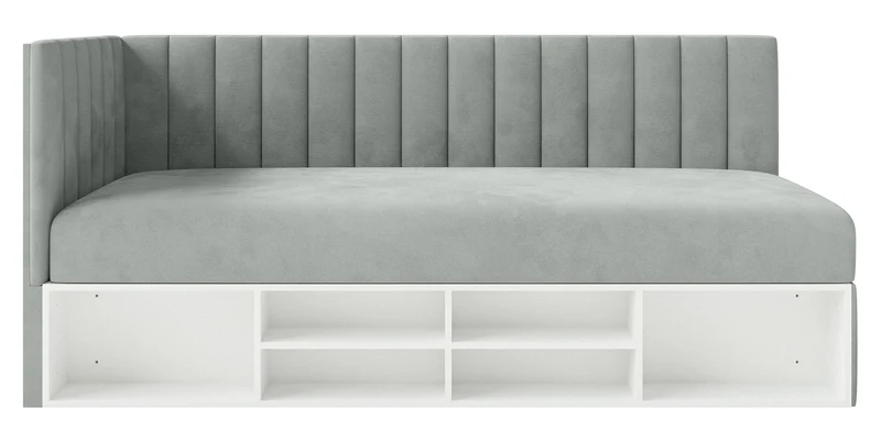 Jugendbett 90x200 cm Ventrio linksseitig mit Stauraum und Regalen, grauer Velours, wasserabweisend und leicht zu reinigen