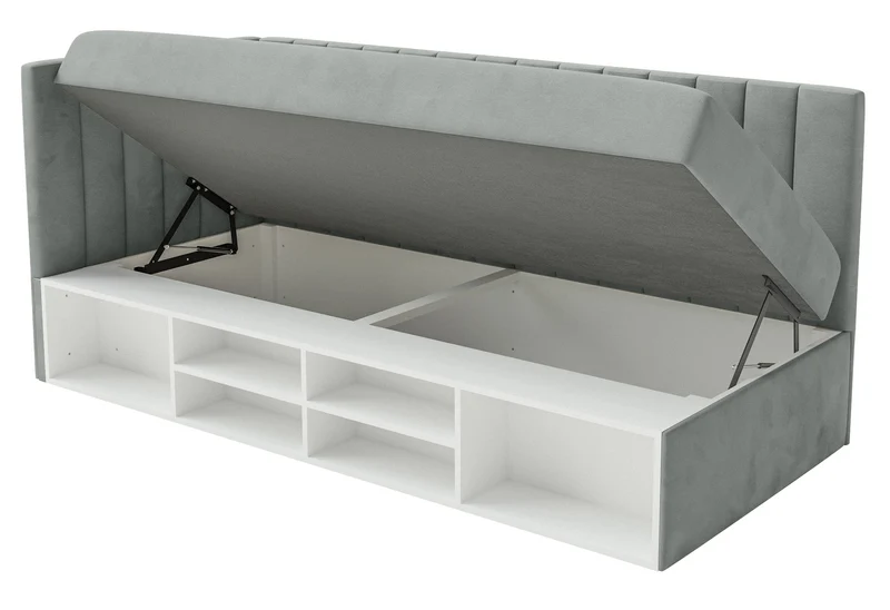 Jugendbett 90x200 cm Ventrio linksseitig mit Stauraum und Regalen, grauer Velours, wasserabweisend und leicht zu reinigen