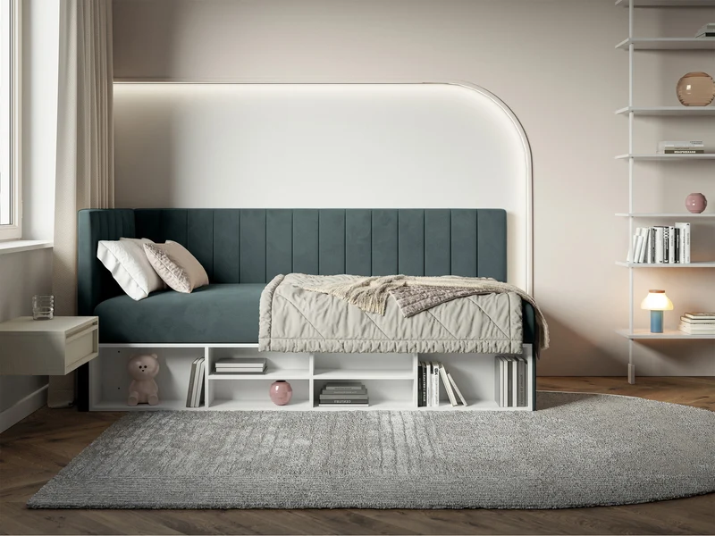 Jugendbett 90x200 cm Ventrio linksseitig mit Stauraum und Regalen, blau-grau, Velours, wasserabweisend und leicht zu reinigen