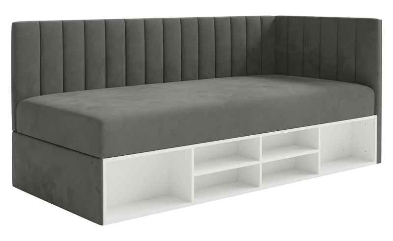 Jugendbett 90x200 cm Ventrio rechtsseitig mit Stauraum und Regalen, dunkelgrauer Samt, wasserabweisend und leicht zu reinigen