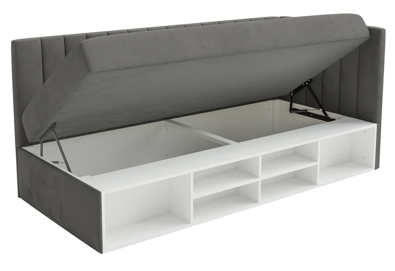 Jugendbett 90x200 cm Ventrio rechtsseitig mit Stauraum und Regalen, dunkelgrauer Samt, wasserabweisend und leicht zu reinigen