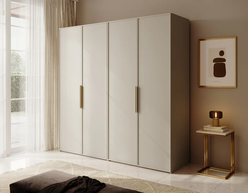 Vier­tü­riger Schrank Frame mit Kleiderstange, Regalen und Container, 200 cm, Grau-Beige