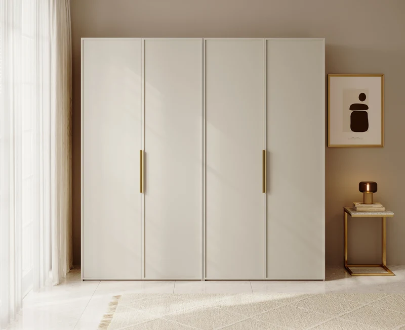 Vier­tü­riger Schrank Frame mit Kleiderstange, Regalen und Container, 200 cm, Grau-Beige