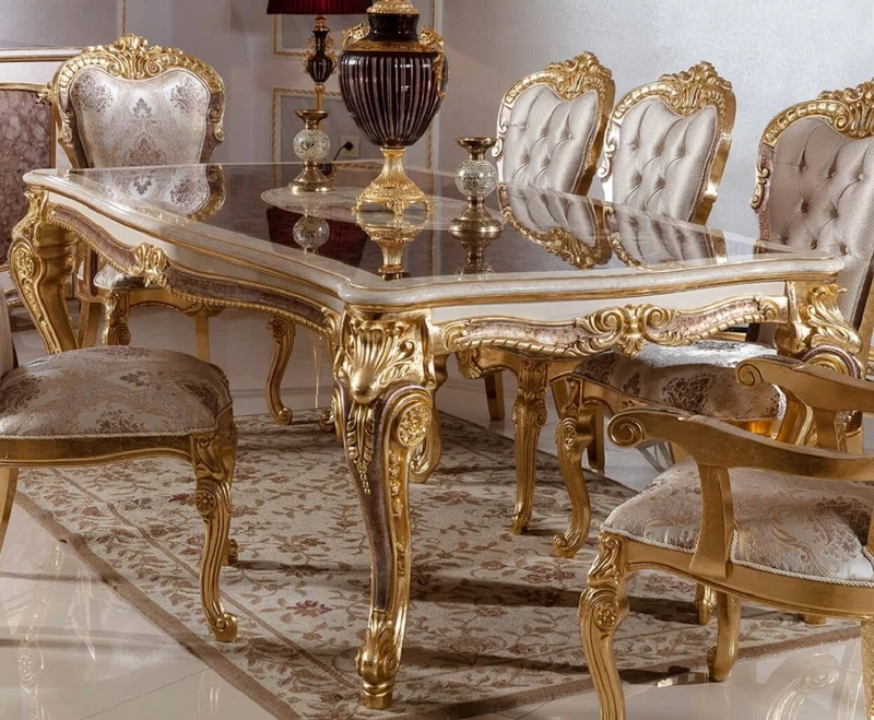 Casa Padrino Luxus Barock Esstisch Weiß / Braun / Gold 220 cm