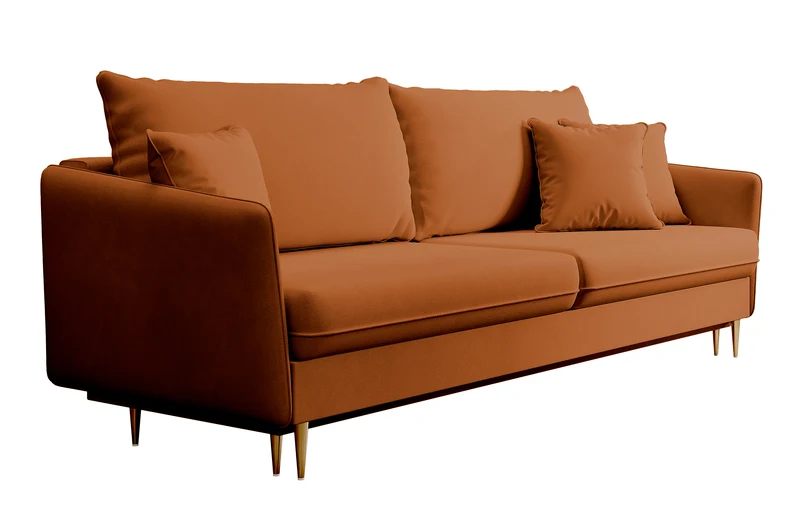 Dreisitziges ausklappbares Sofa Volio, kupferfarbenes Samt, wasserabweisend, goldene Beine
