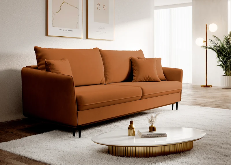Dreisitziges ausklappbares Sofa Volio in kupferfarbenem Samt, hydrophob, schwarze Beine