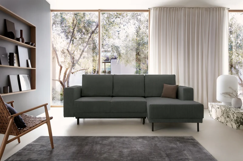 Ecksofa mit Schlaffunktion Rodario Mini, L-förmig, mit Stauraum, grauer Cord, rechtsseitig