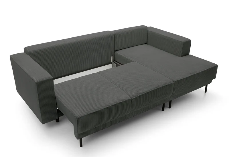 Ecksofa mit Schlaffunktion Rodario Mini, L-förmig, mit Stauraum, grauer Cord, rechtsseitig
