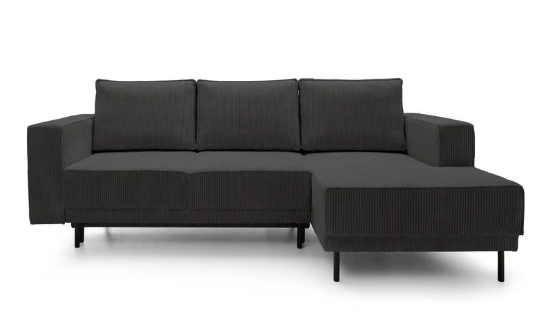 Ecksofa mit Schlaffunktion Rodario Mini, L-förmig, mit Stauraum, dunkelgrauer Cordstoff, rechtsseitig
